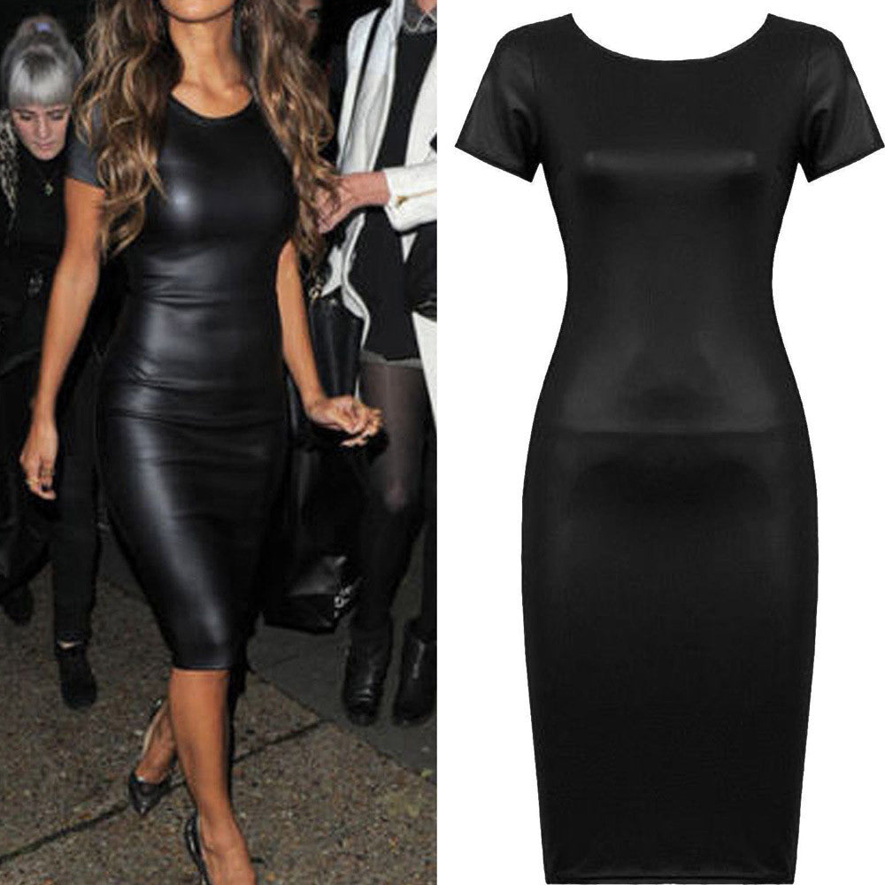 Women Short Sleeve Wet Look Faux Leather Bodycon Midi Sheath Sexy Skinny Dress - Cruz's Corner