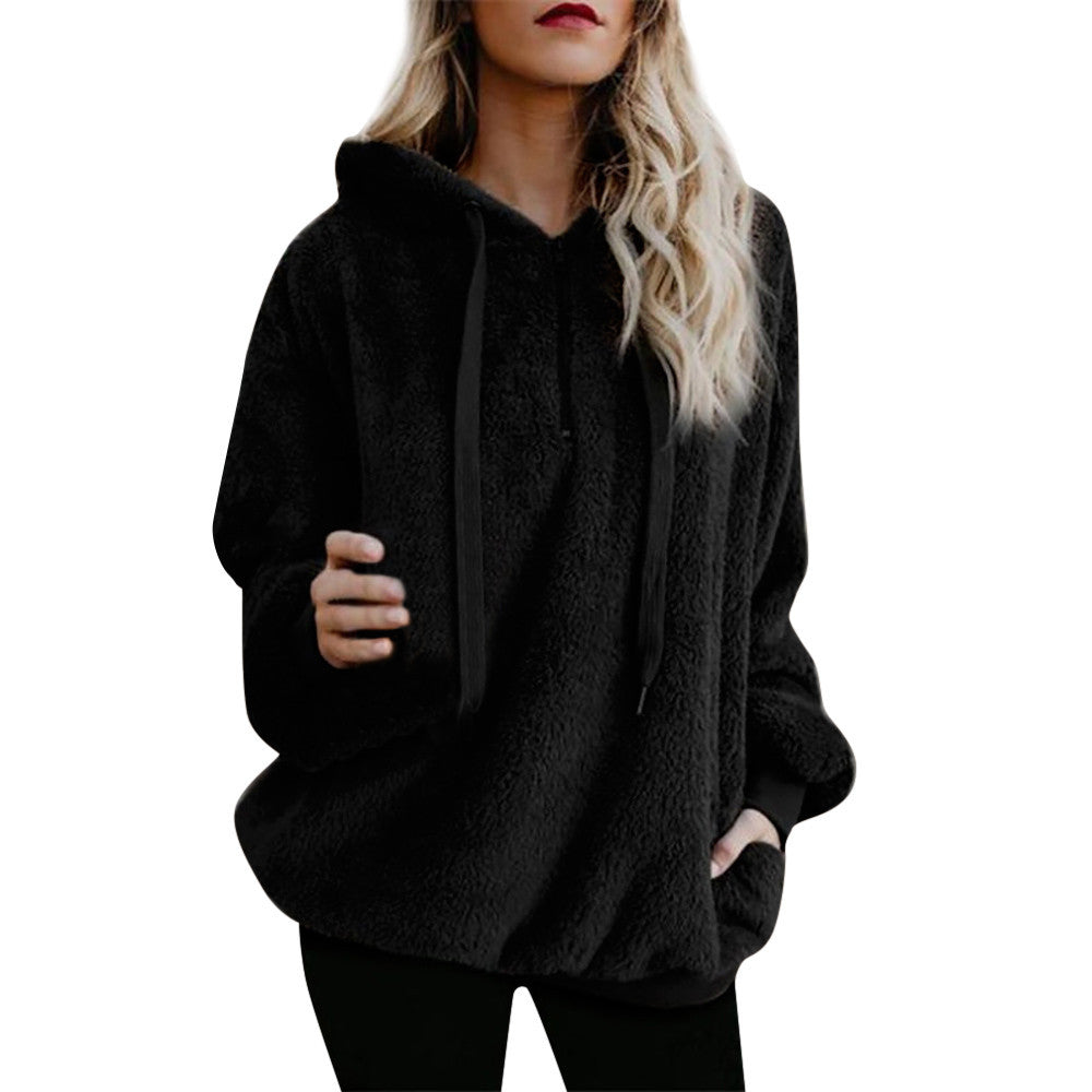 Women Hooded Sweatshirt Coat Winter Warm Wool Zipper Pockets Cotton Coat Outwear - Cruz's Corner