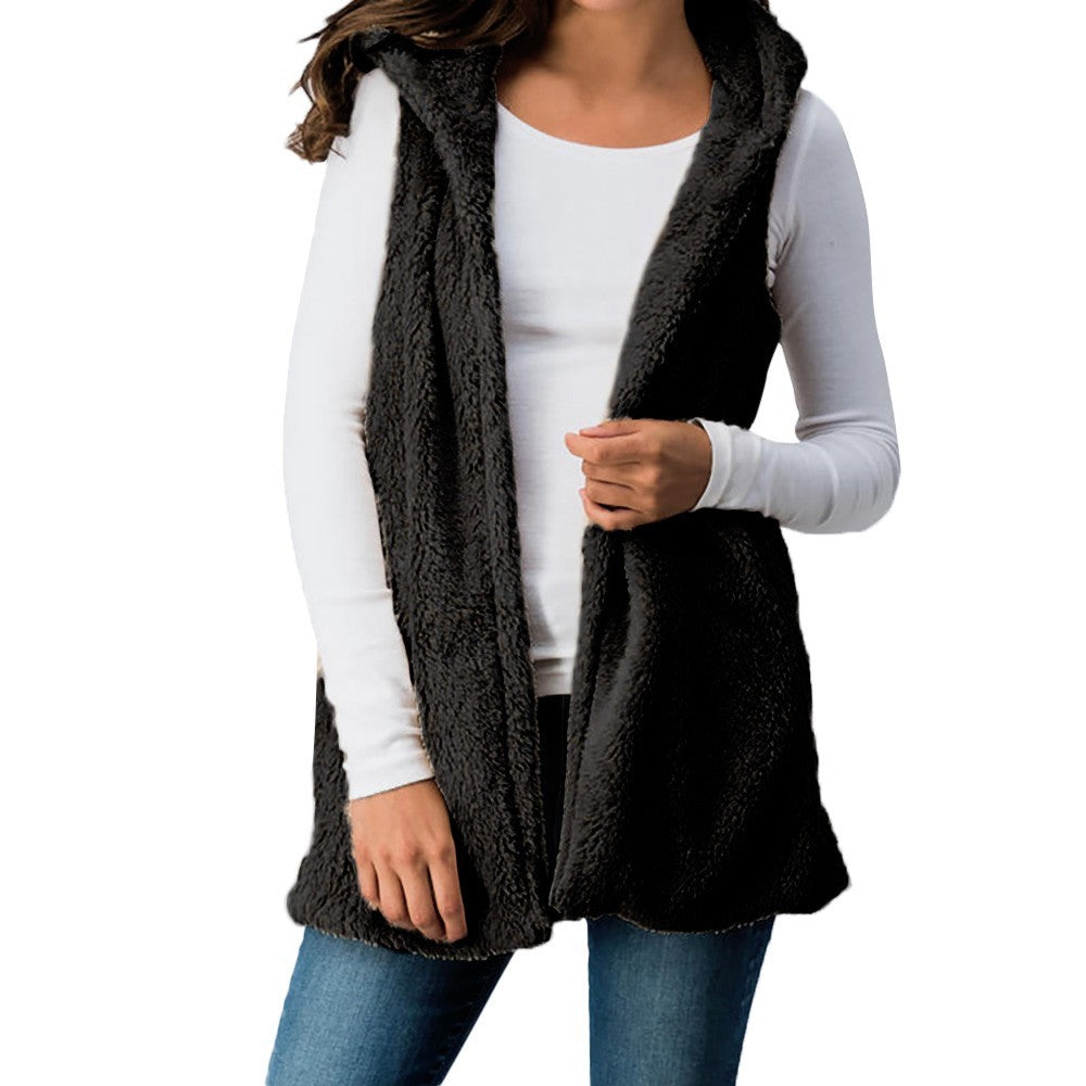 Women Lady Faux Fur Solid Hooded Outwear Sleeveless Pockets Warm Vest Waistcoat - Cruz's Corner